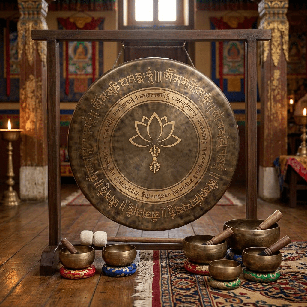 Remove text, closer gong, more bowls, temple background