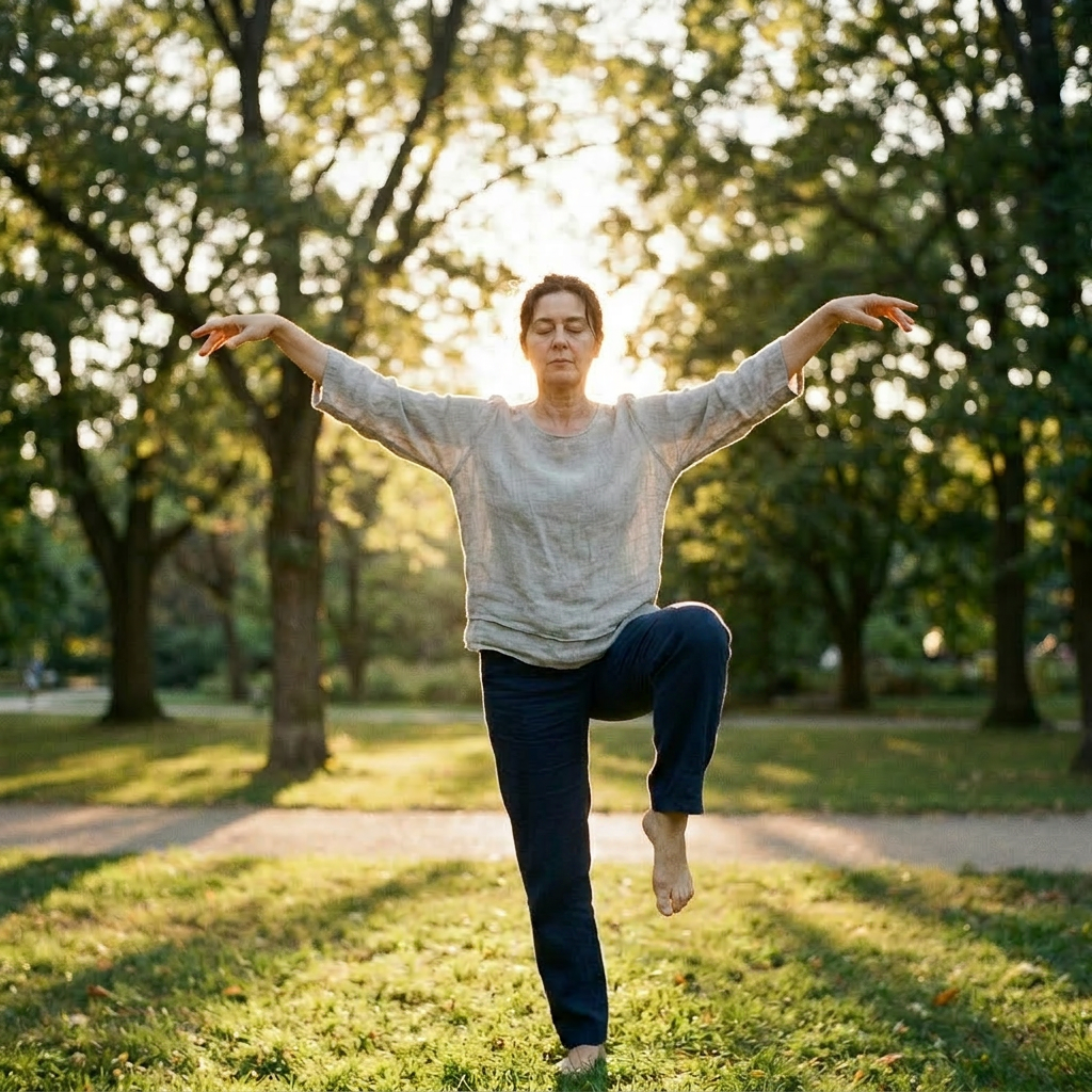 Woman practicing Tai Chi in a park with trees and sunlight